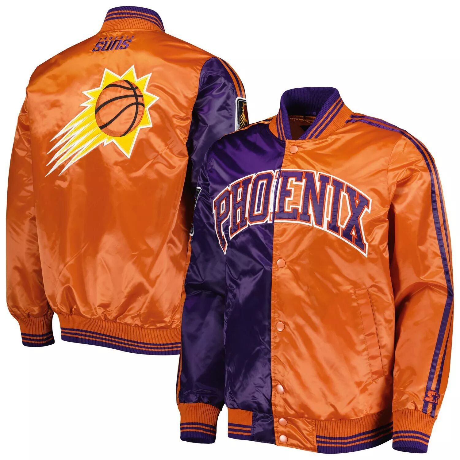 

Мужская фиолетово-оранжевая куртка Phoenix Suns из атласа с быстрыми кнопками и кнопками Starter, Оранжевый, Мужская фиолетово-оранжевая куртка Phoenix Suns из атласа с быстрыми кнопками и кнопками Starter
