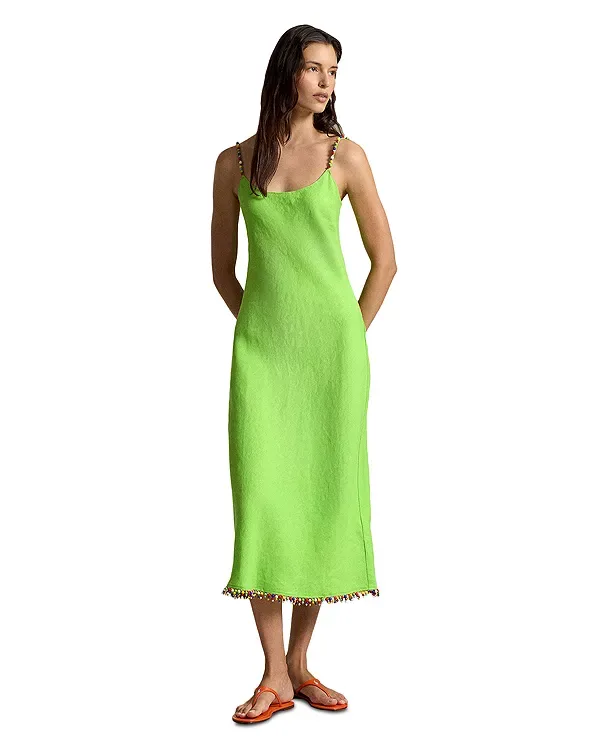 Льняное платье-комбинация с бисерной отделкой Ralph Lauren, Green