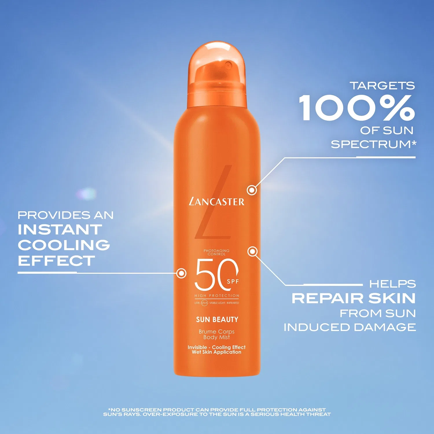 Охлаждающий невидимый спрей для тела Sun Sport, для увлажнения кожи, SPF 50, 200 мл Lancaster — фото 2