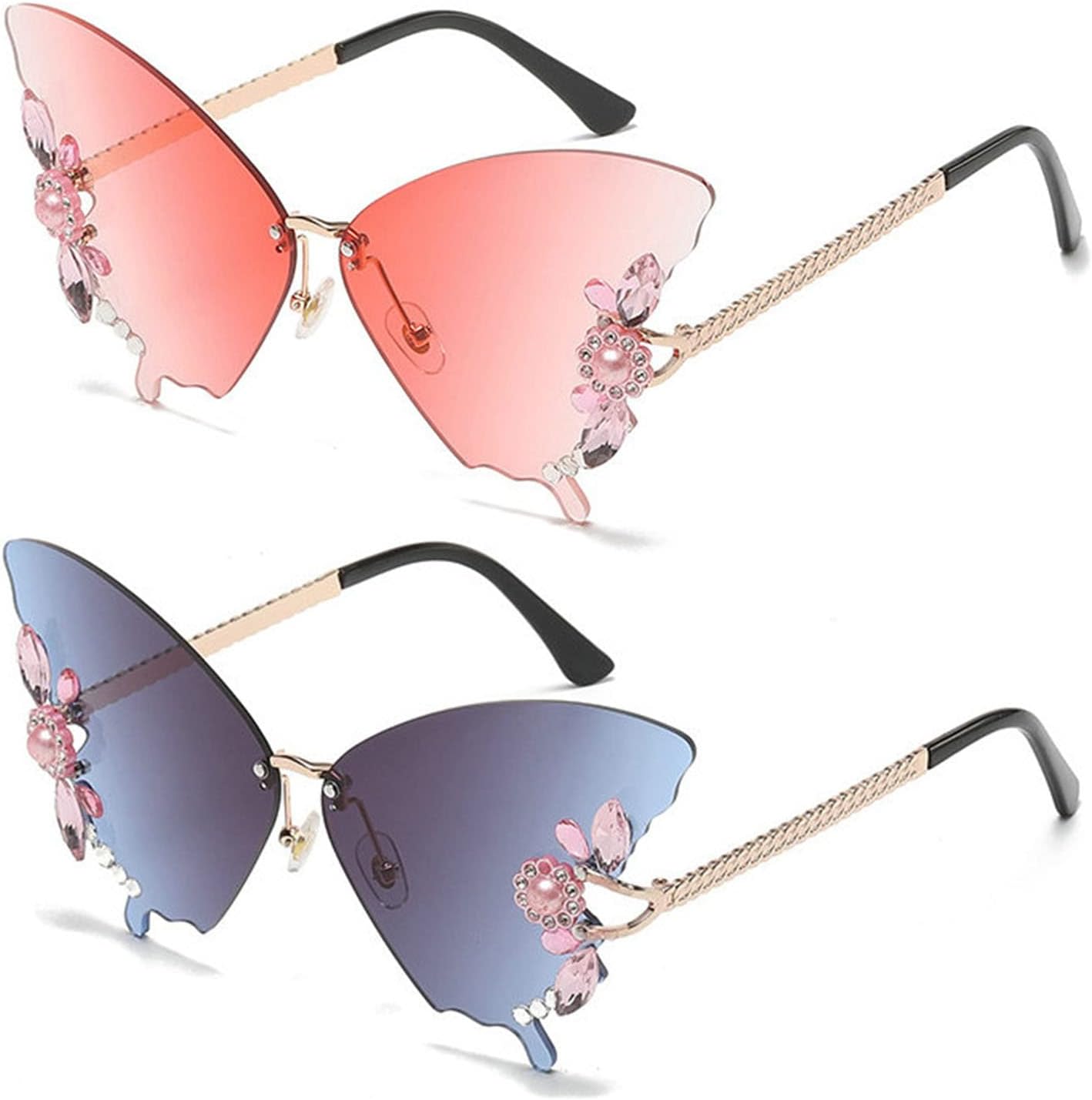 

Willochra Женские солнцезащитные очки без оправы Модные солнцезащитные очки с бабочками и бриллиантами Многоугольная безрамочная модель Солнцезащитные очки для вечеринок Защита от УФ-излучения, 2pcs-black&pink