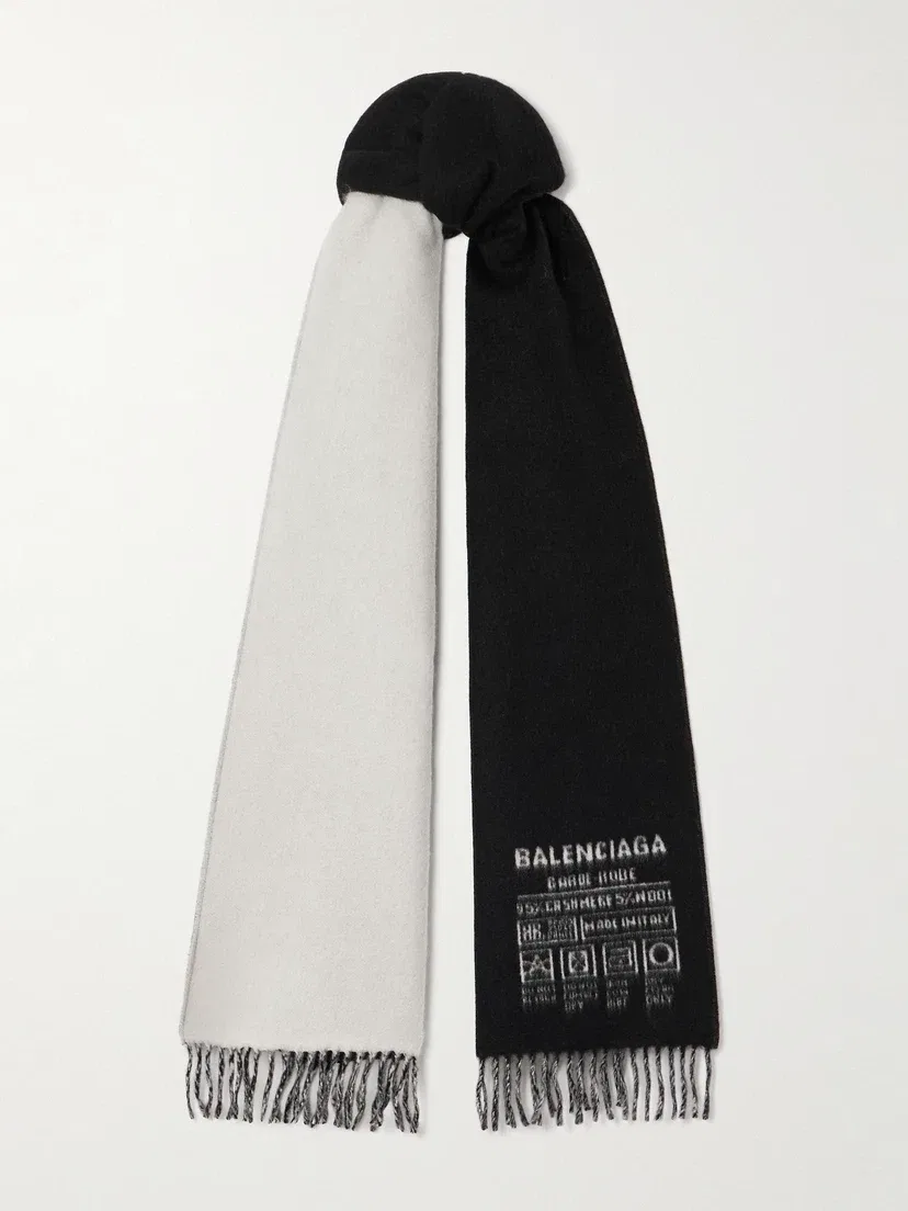 Двухцветный кашемировый и шерстяной жаккардовый шарф с бахромой BALENCIAGA, черный