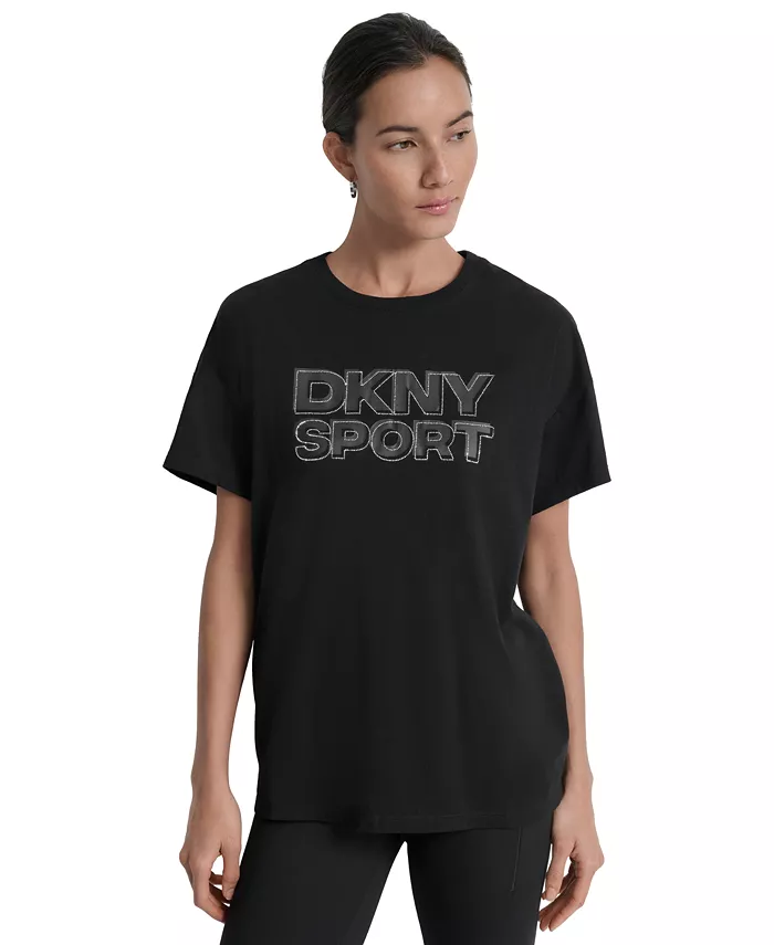 

Женская футболка с пайетками-логотипом и удлиненным плечом DKNY, черный