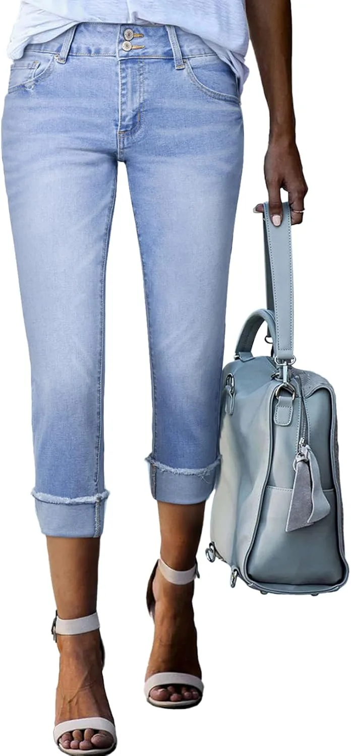 

Sidefeel Women's Capri Jeans High Waisted Stretchy Roll-up Skinny Cuffed Cropped Zimbaplatinum Summer Capri Pants