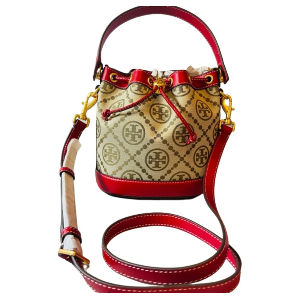 

TORY BURCH Монограмма Жаккард с телячьей кожей ведро кроссбоди сумка женская лесной орех коричневый красный