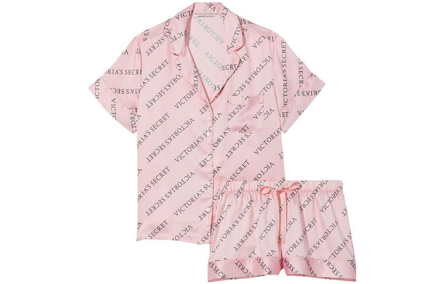 

Сатиновый короткий пижамный комплект, пижамный комплект для женщин с буквенным принтом Victoria'S Secret, розовый