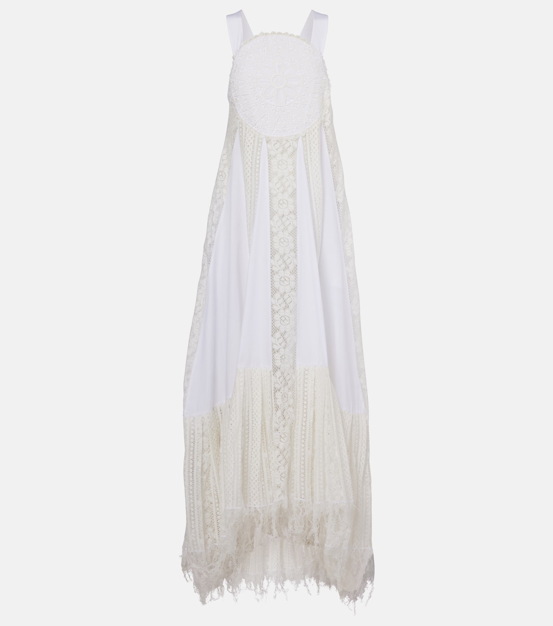 

Асимметричное хлопковое макси-платье с кружевной отделкой Loewe, белый