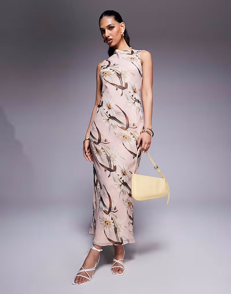

Платье макси с вырезом-лодочкой ASOS DESIGN в розовом цветочном стиле