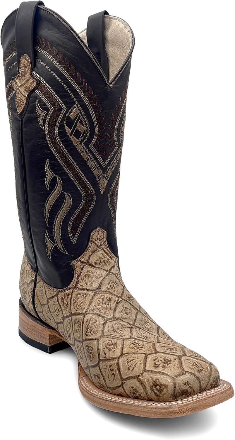 

Мужские кожаные вестерн-сапоги с принтом рыбы пирану и квадратным носком, средняя голень The Western Shops, Tan