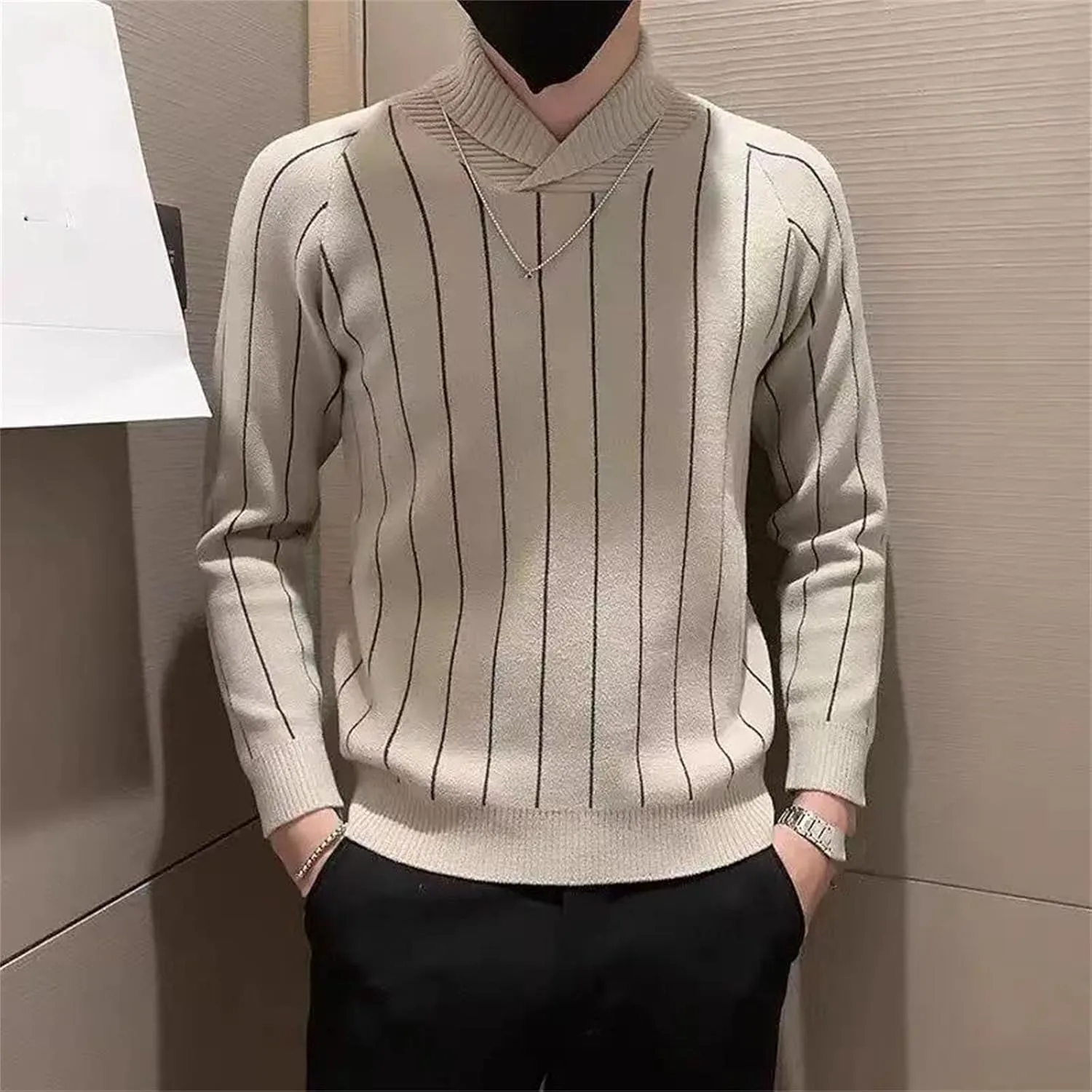 Мужской полосатый вязаный свитер Slim Fit пуловер в стиле Business Casual Korean Style Generic, C6K3 — фото 2