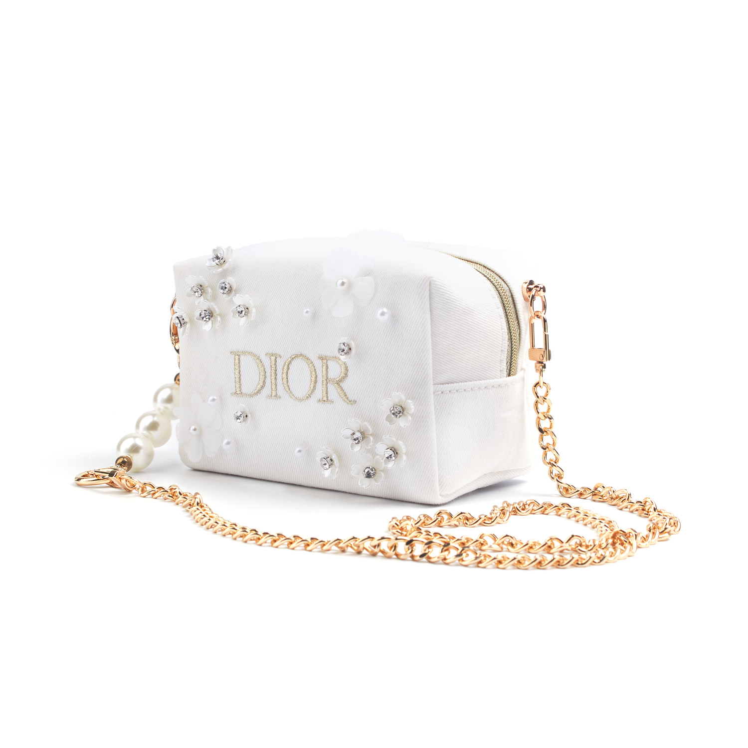 DIOR Индивидуальная косметичка Amber Camellia в стиле French Chic из денима с одним отделением, наплечная сумка, обычный размер, белый — фото 3
