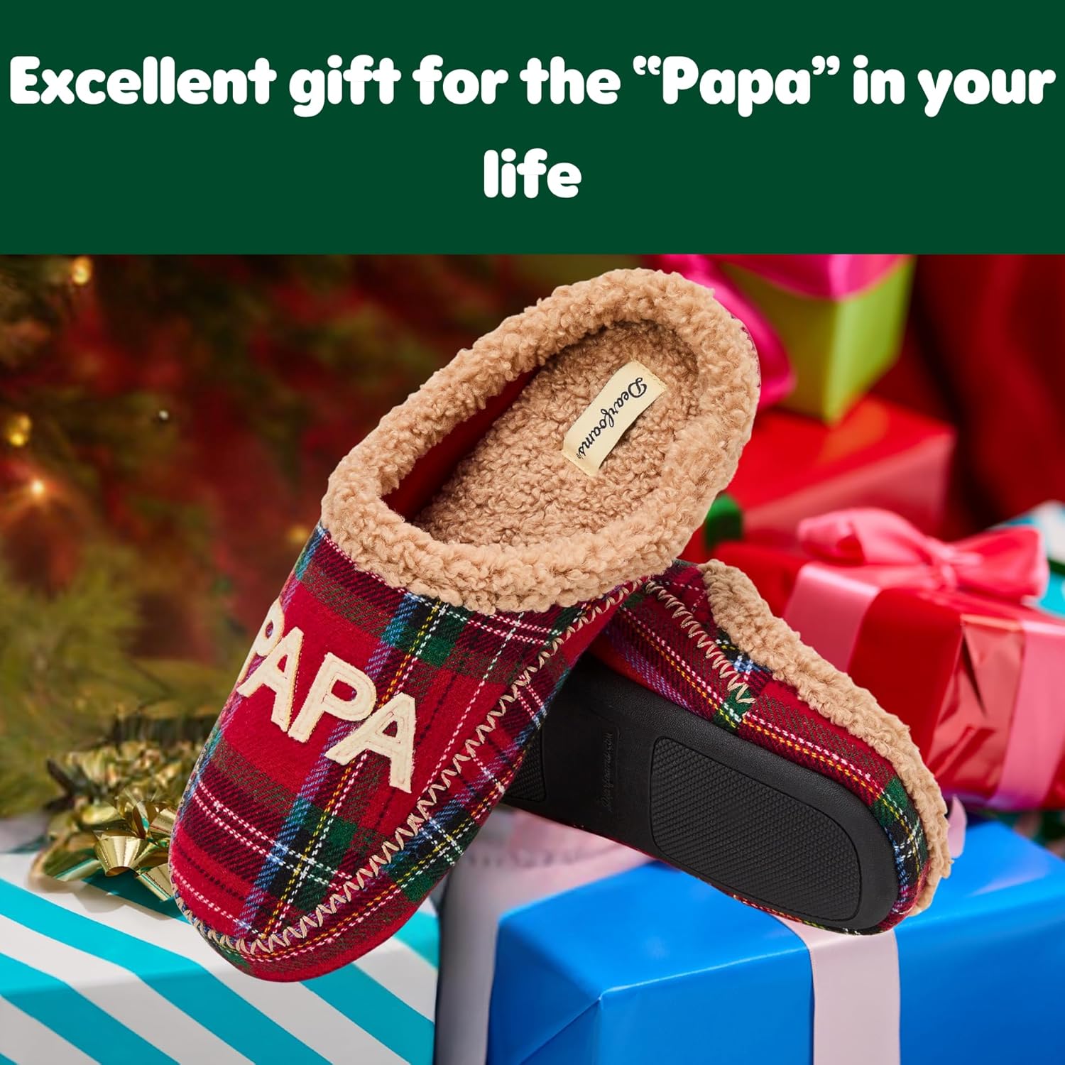 Мужские тапочки Dearfoams Matching Family Holiday Papa Bear с вышивкой, отделка шерпой, модель Moc Toe, красный — фото 4