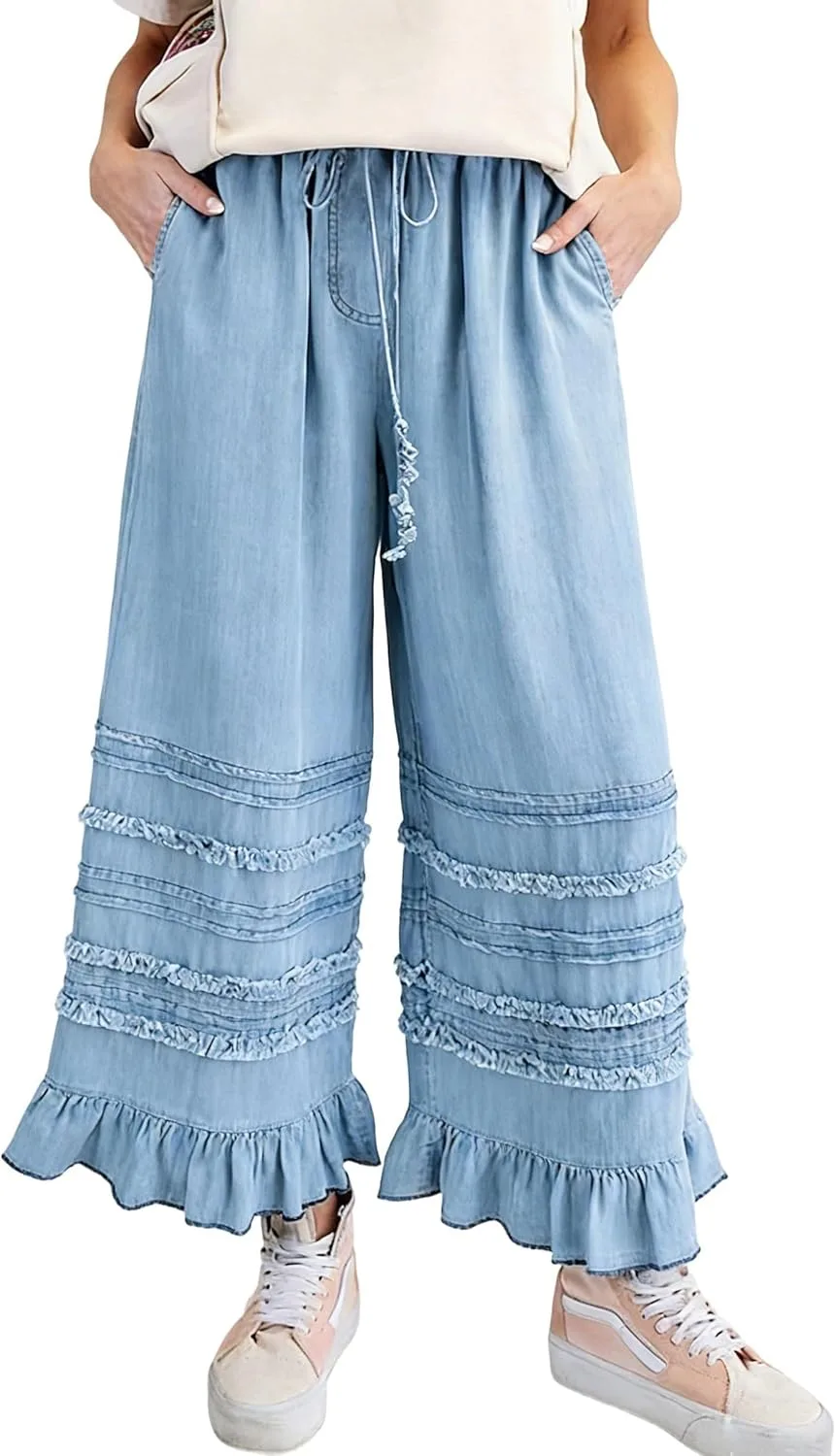 

Женские джинсы CHARTOU с широкими штанинами, рюшами и высокой талией