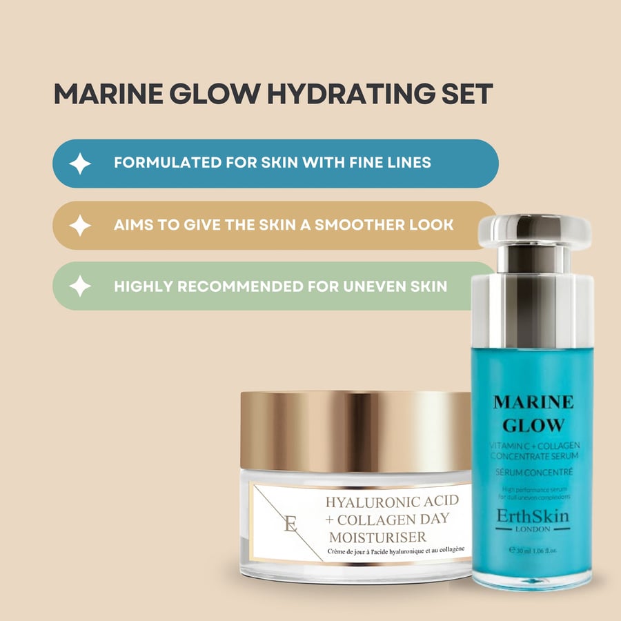 Концентрированная сыворотка с витамином С и коллагеном Marine Glow 30 мл + Дневной крем с гиалуроновой кислотой и коллагеном 50 мл ErthSkin London — фото 2
