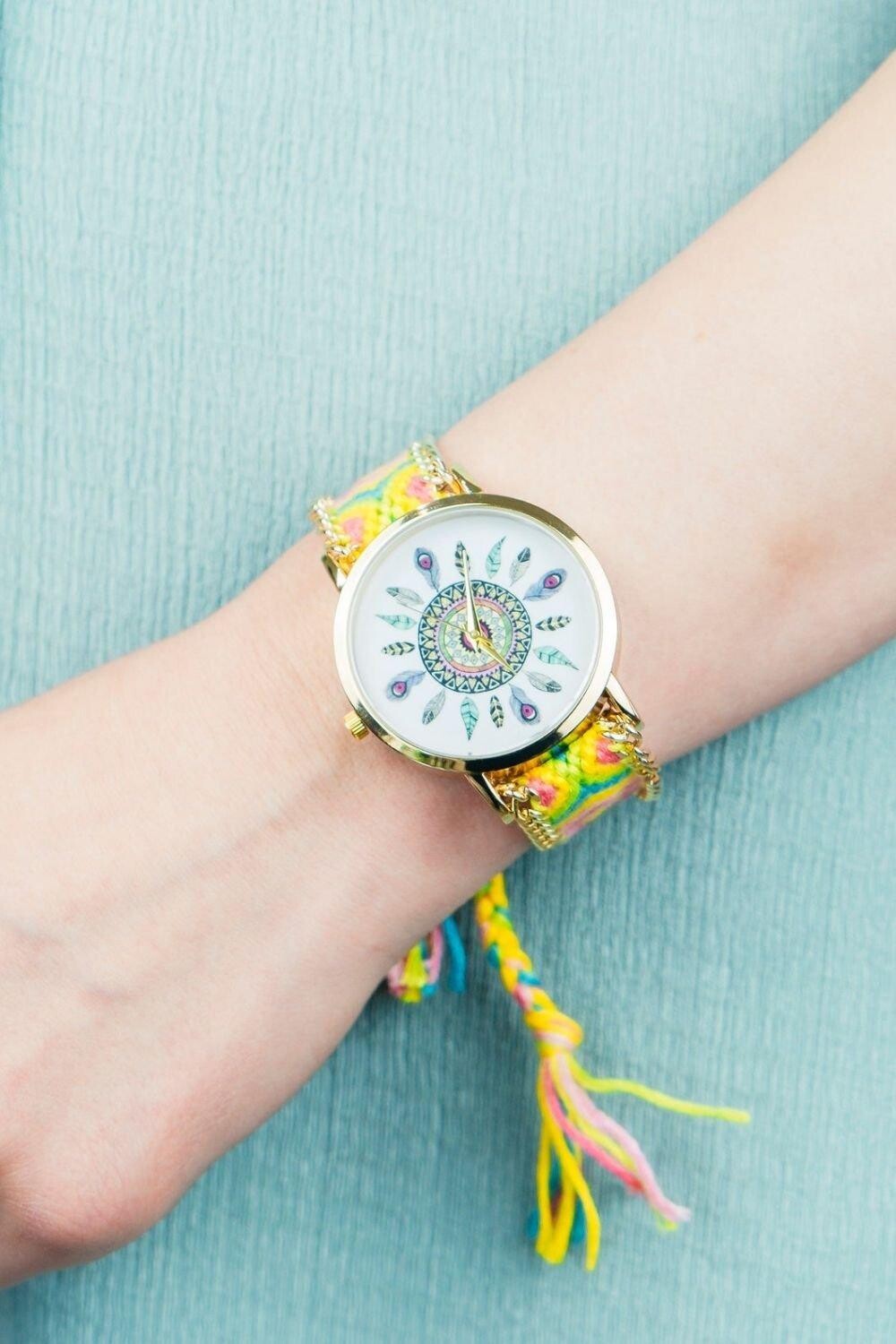 

желтый Boho Mandala Art Богемный джутовый вязаный ремешок-браслет Наручные часы The Colourful Aura, желтый