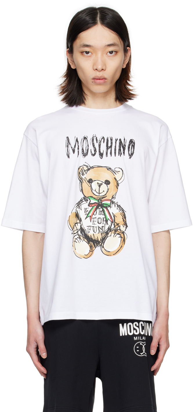 

Белая футболка с плюшевым мишкой с рисунком Moschino