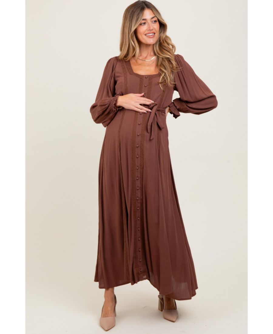 

Длинное платье для беременных с кружевной отделкой и пуговицами, коричневого цвета Pinkblush, Brown