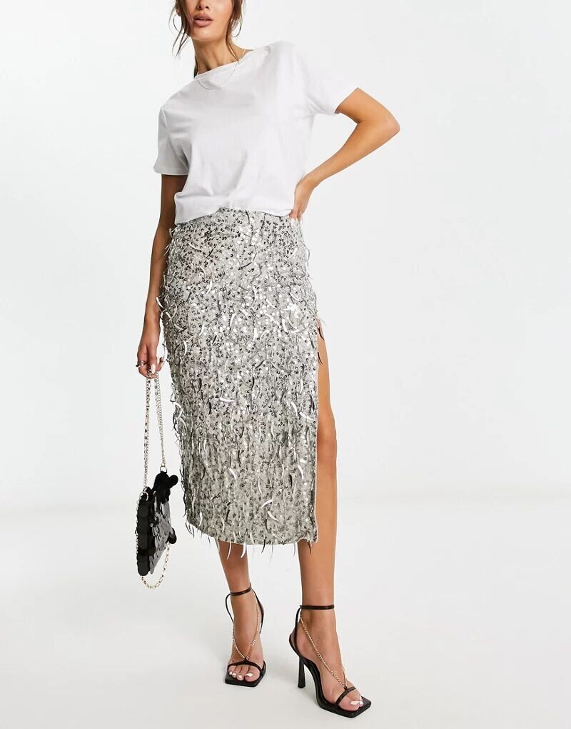 

Серебристая юбка миди с пайетками ASOS
