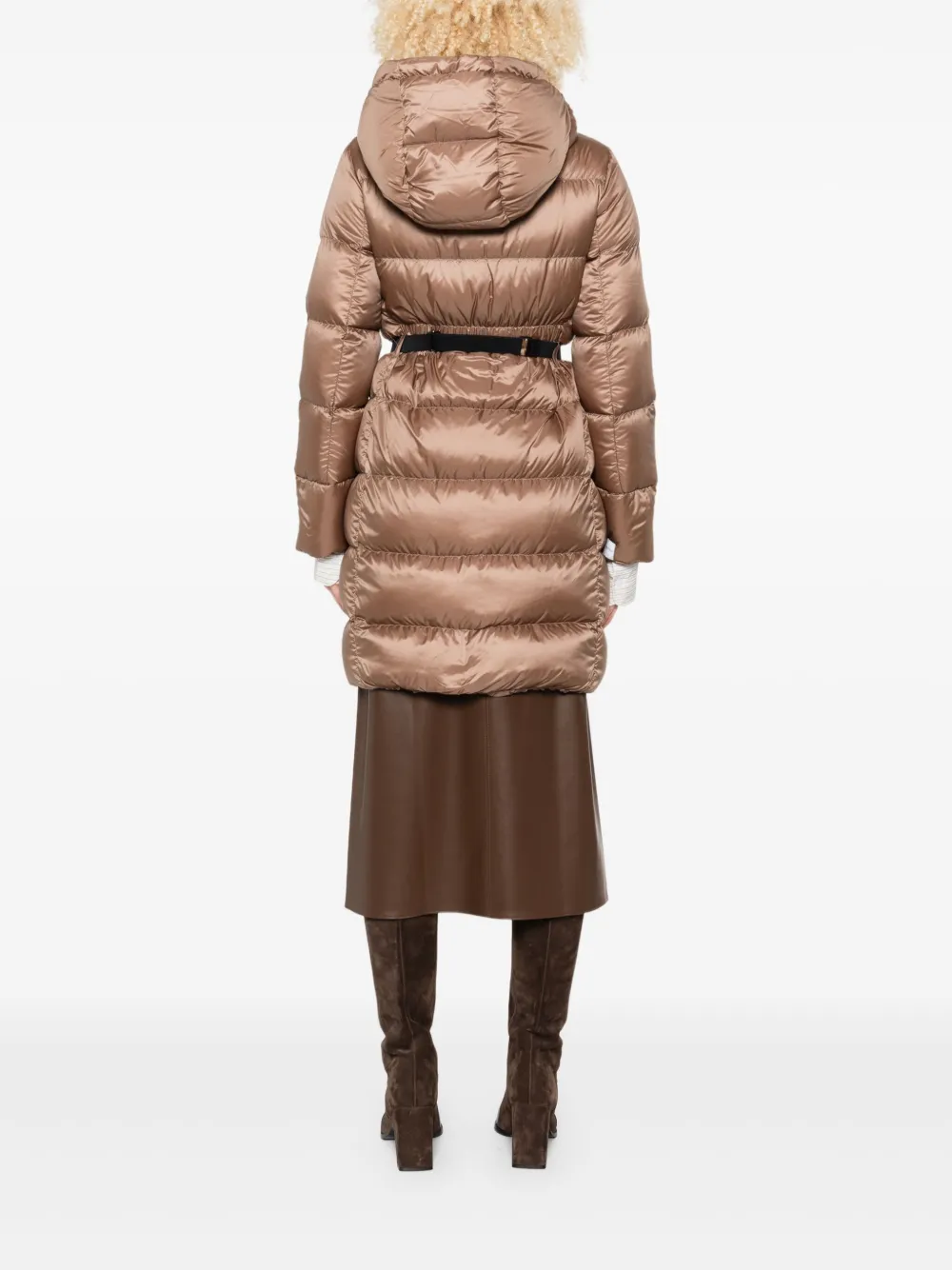 Пуховик с капюшоном и поясом Max Mara, коричневый — фото 4