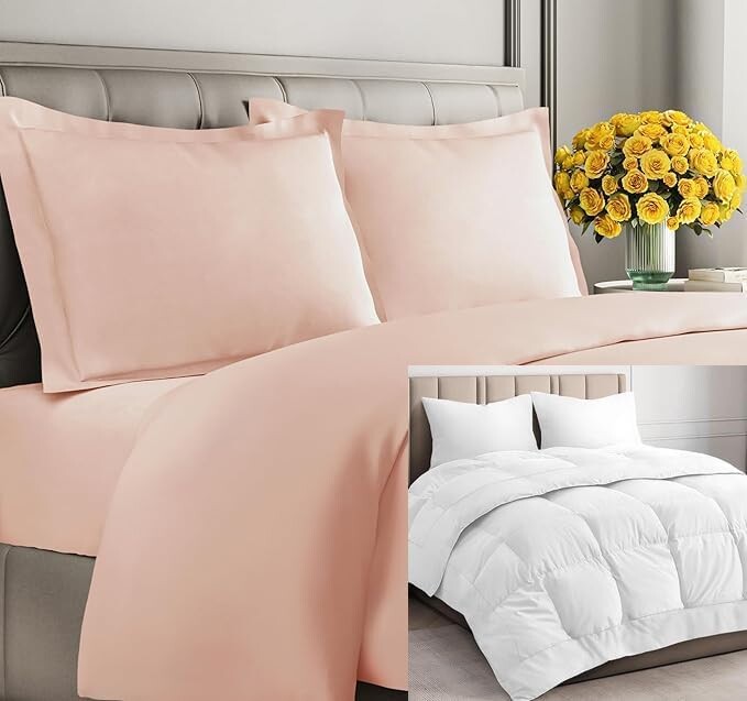 

CGK Unlimited Лавандово-розовое пуховое одеяло с одеялом (Cali King) — Очень мягкий пододеяльник с 1 наволочкой — Белое альтернативное пуховое одеяло — Роскошный постельный комплект