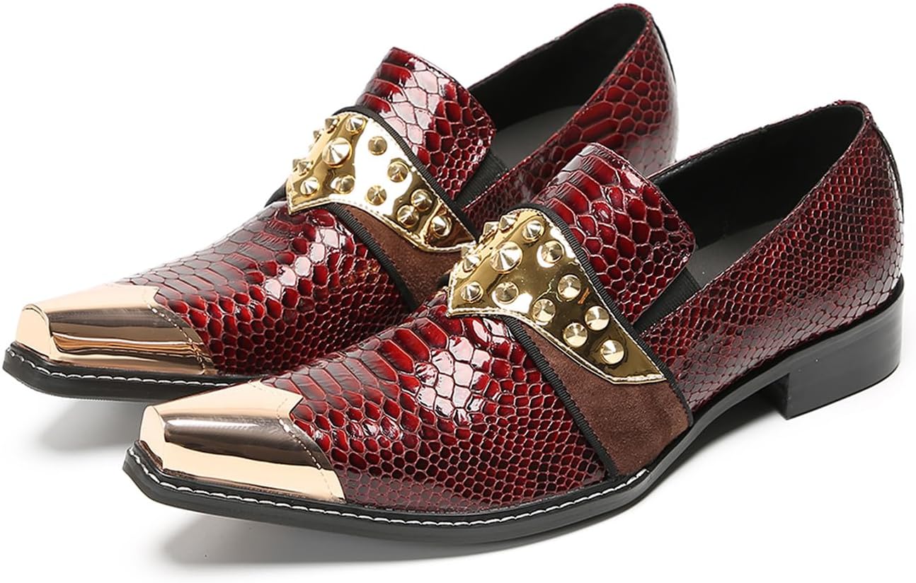 

Мужские мокасины Santimon из натуральной кожи - туфли с металлическим носком и ремешком с золотыми заклепками, модные лоферы с узором под змеиную кожу для вечеринок, клубов, выпускного, свадьбы и диско