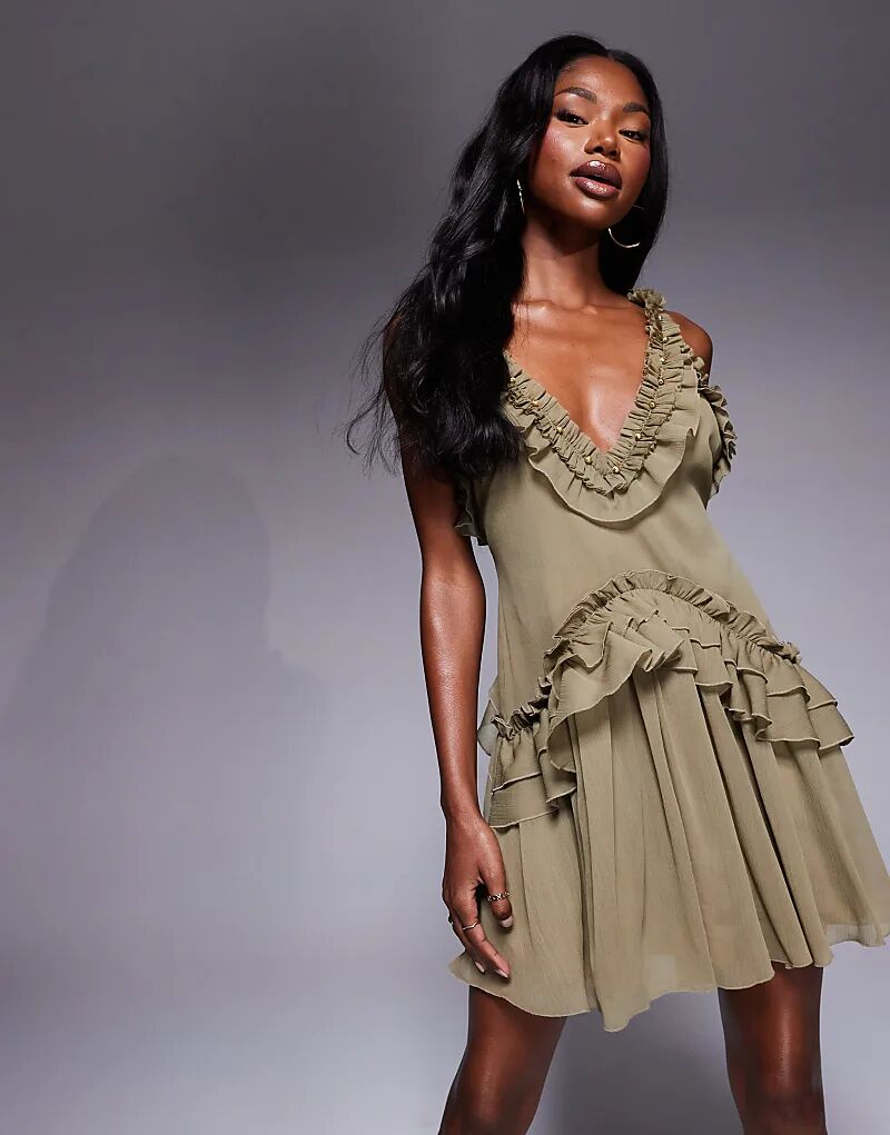 

Мини-платье ASOS DESIGN цвета хаки с оборками на бретельках и золотой отделкой