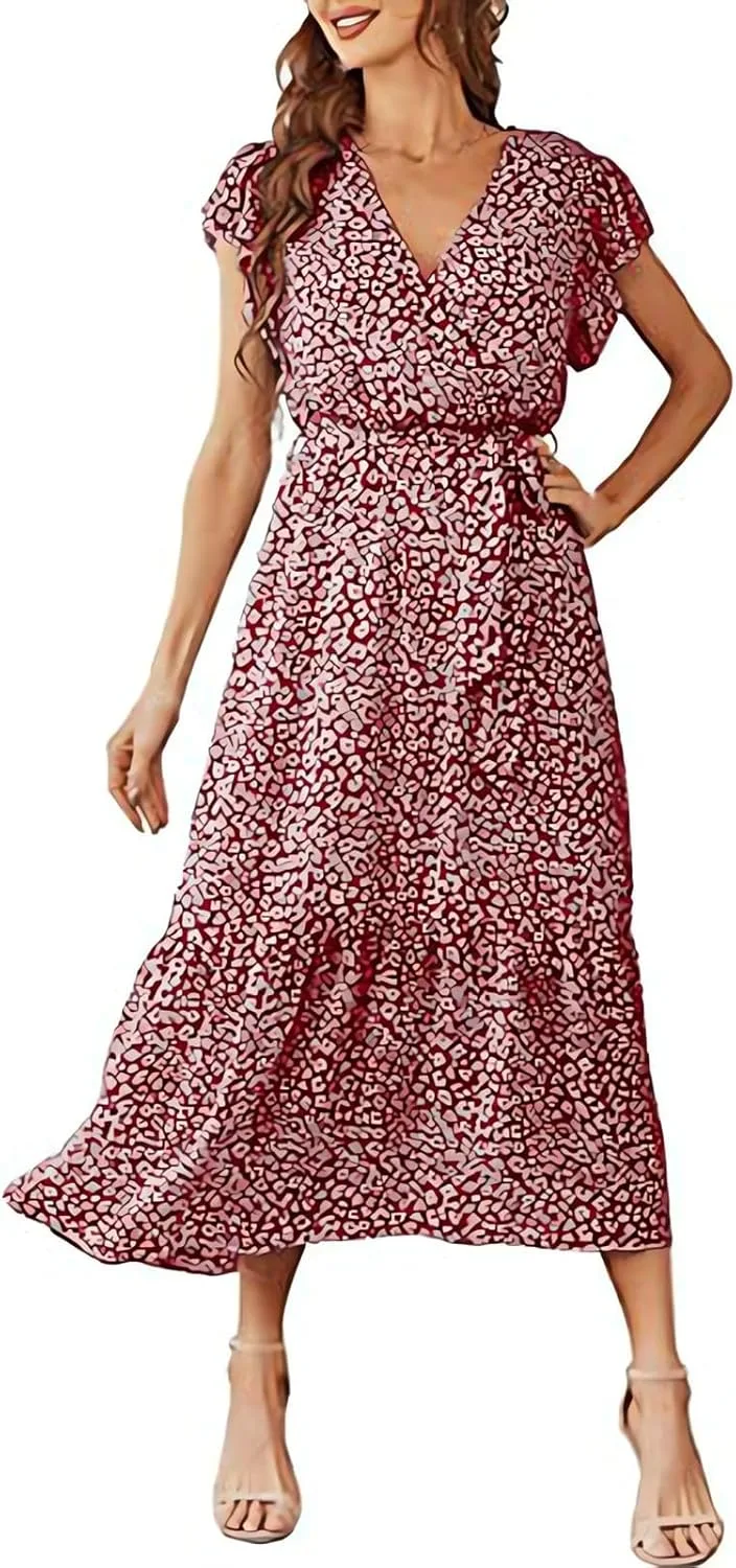 Женское макси-платье, летнее, с V-образным вырезом, рукавами-крылышками, длинное, с мелким цветочным принтом, повседневное, струящееся, в стиле бохо, платье для отдыха и пляжа generic, Bb10-Wine