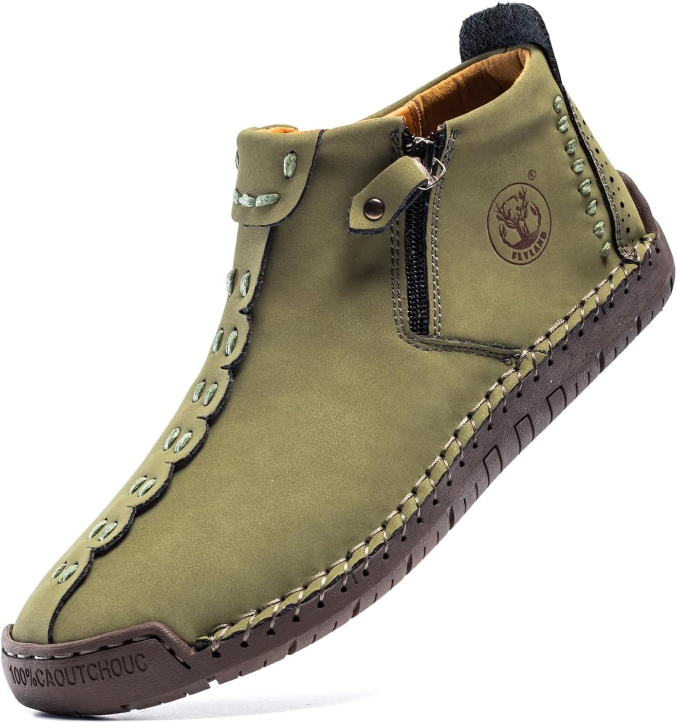 

Мужские повседневные кожаные кроссовки FLYLAND ручной работы, модные ботинки-чикка, легкие средние ботинки, обувь для прогулок, вождения, Amy Green