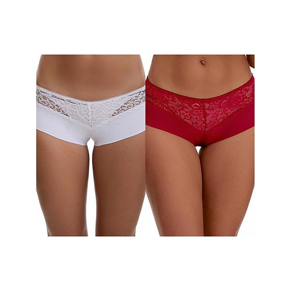 

2 пачки женских кружевных трусиков-шортиков ice silk с ажурной вставкой, мид-райз Inspire Chic, White Wine Red