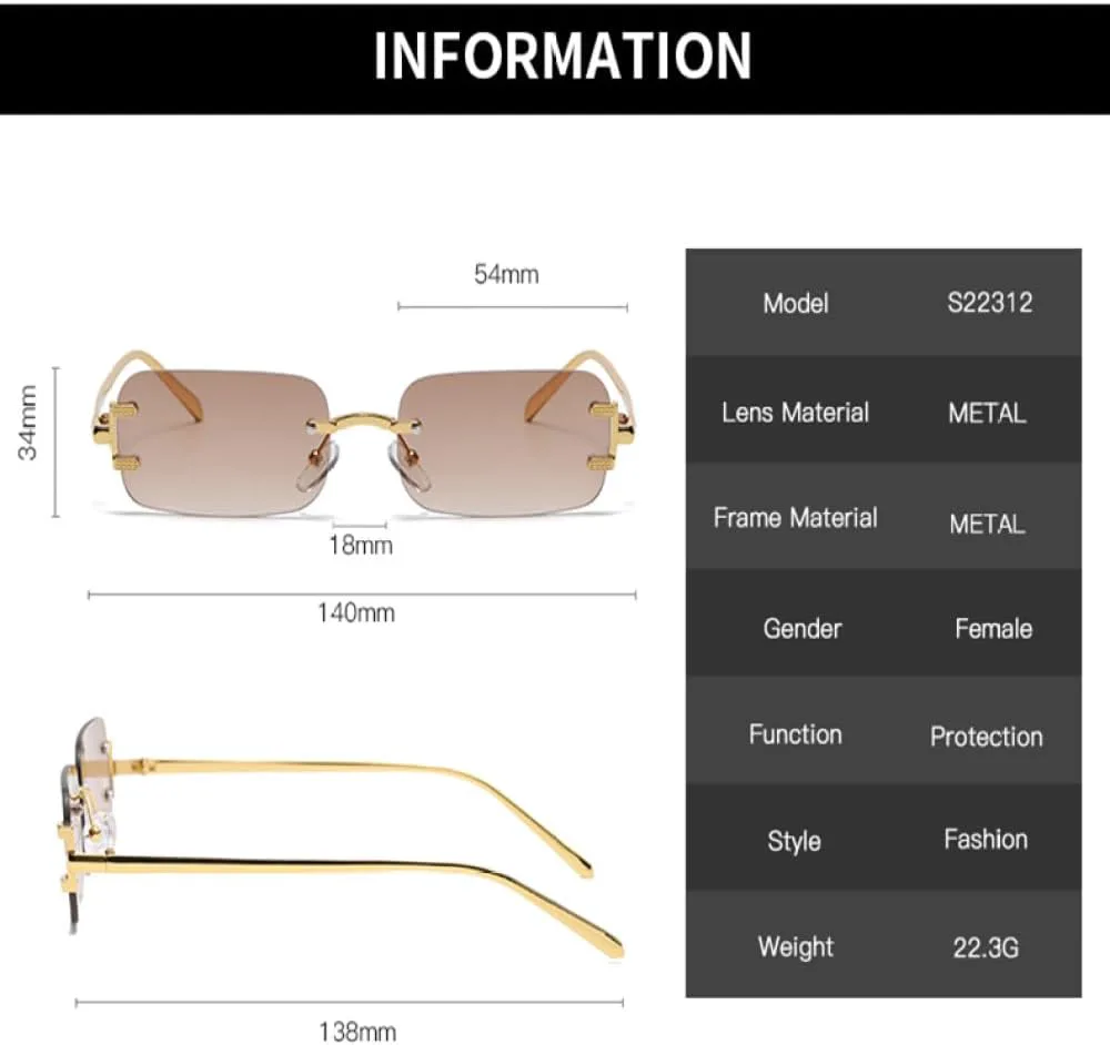 

Солнцезащитные очки LVTFCO без оправы, прямоугольной формы, в винтажном стиле, с металлическими оправами, модные солнцезащитные очки без оправы для женщин, Gold Black