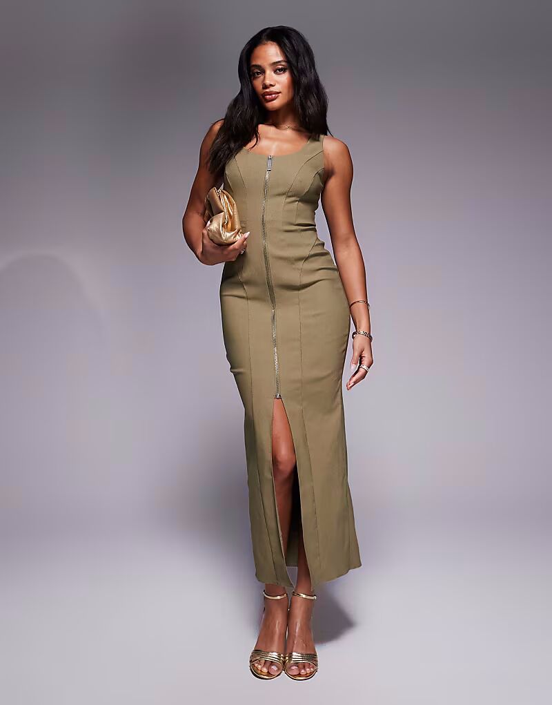 

Платье миди из саржи и бенгалина ASOS DESIGN цвета хаки с молнией и швами