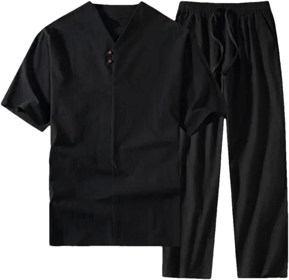 Мужской летний костюм из льна, двухпредметный, Black1