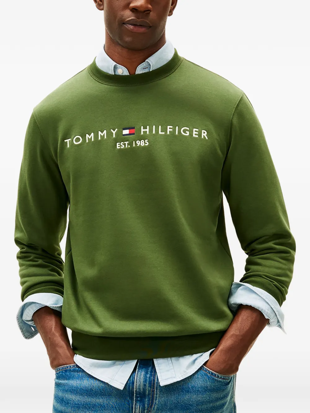 Свитшот с логотипом на груди и круглым вырезом Tommy Hilfiger, зеленый — фото 3