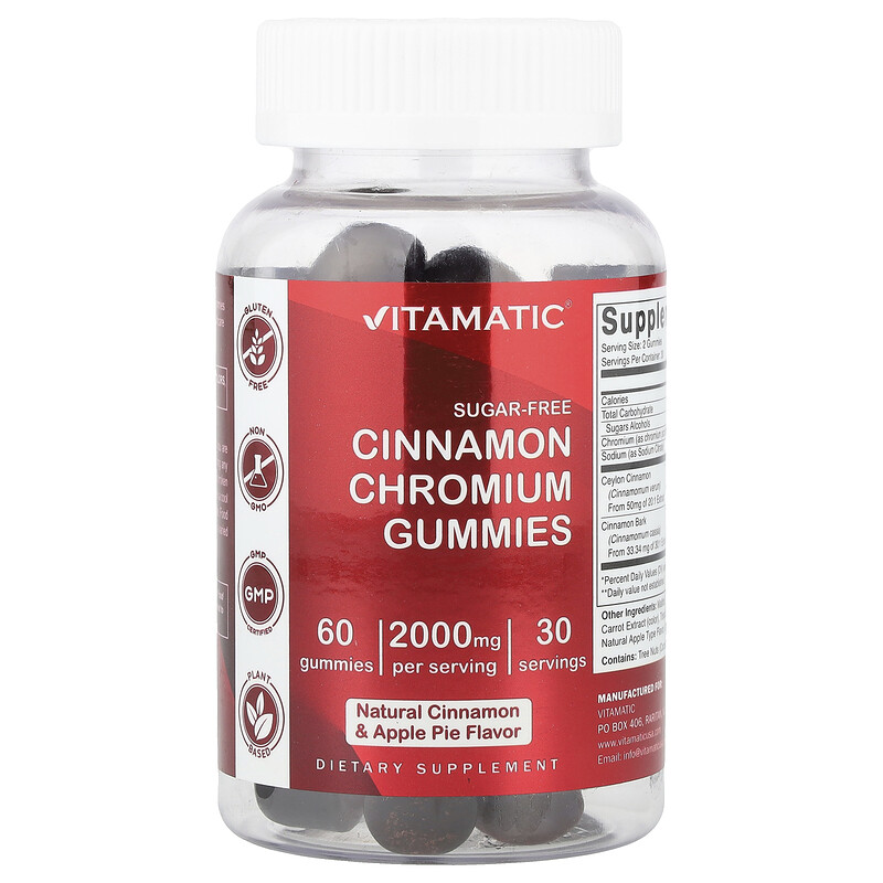 

Vitamatic, Жевательные мармеладки с корицей и хромом, натуральный пирог с корицей и яблочным пирогом, 2000 мг, 60 жевательных мармеладок (1000 мг в каждой жевательной мармеладке)
