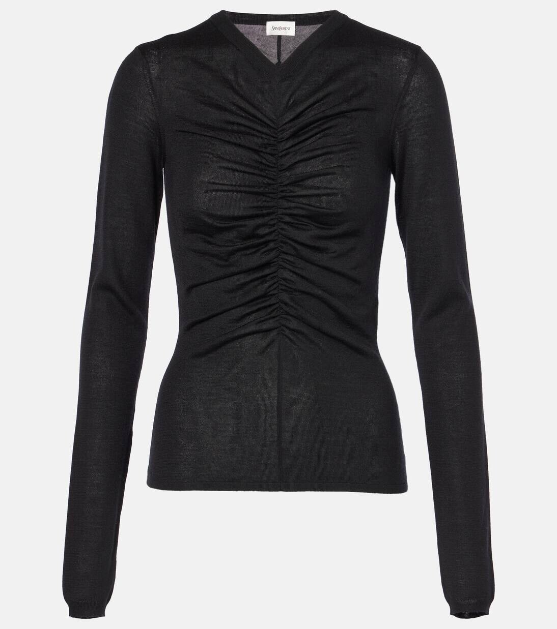 

Топ из кашемира, шерсти и шелка с рюшами Saint Laurent, черный