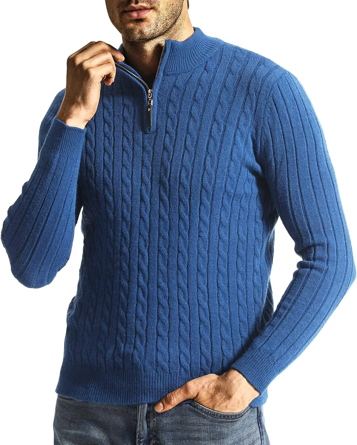 

Мужской свитер с четвертью молнией и кабельной вязкой Slim Fit Surenow