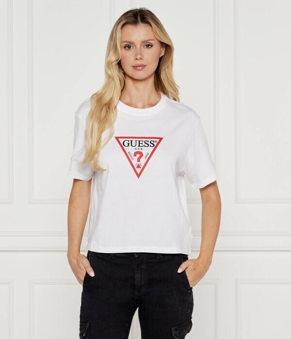

Футболка Guess Jeans Cropped Fit с логотипом в треугольнике, белый