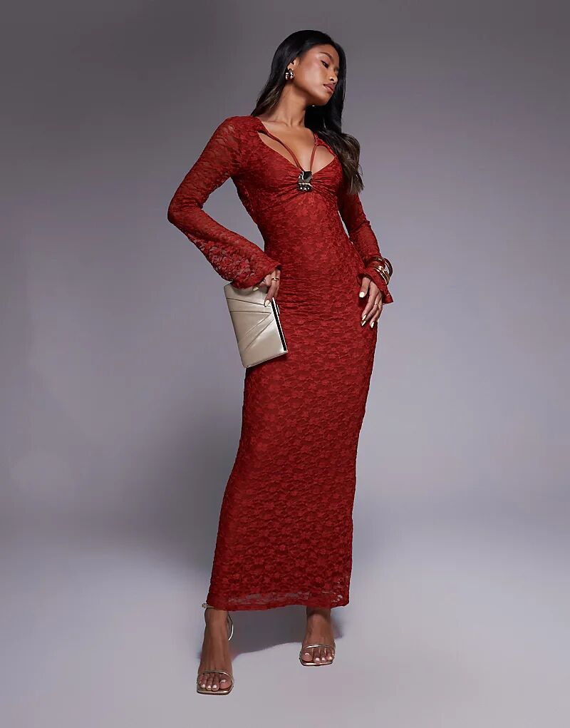 

Платье макси ASOS DESIGN с кружевом, рукавами-ангелами и вырезом спереди, красного цвета