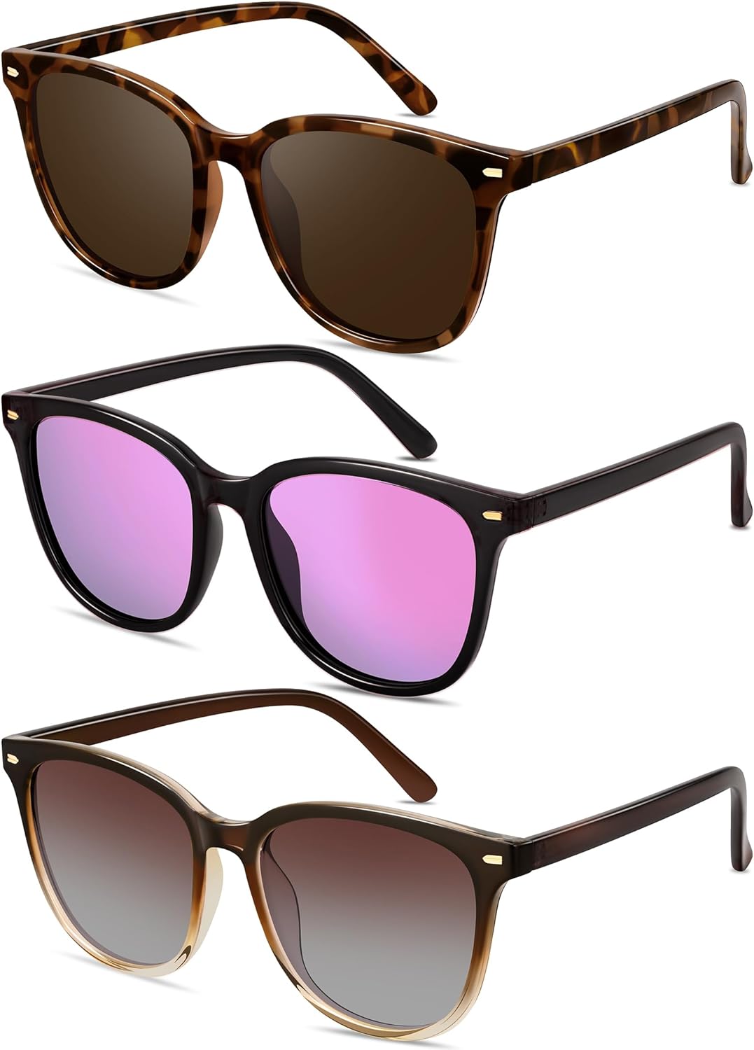 

Ретро поляризованные солнцезащитные очки для женщин и мужчин, большая оправа, винтажный стиль, модные солнцезащитные очки с линзами UV400 и защитой от ультрафиолета YMRFW, 3pack (Black/Gray+black/Purple Mirror+tortoise/Brown)