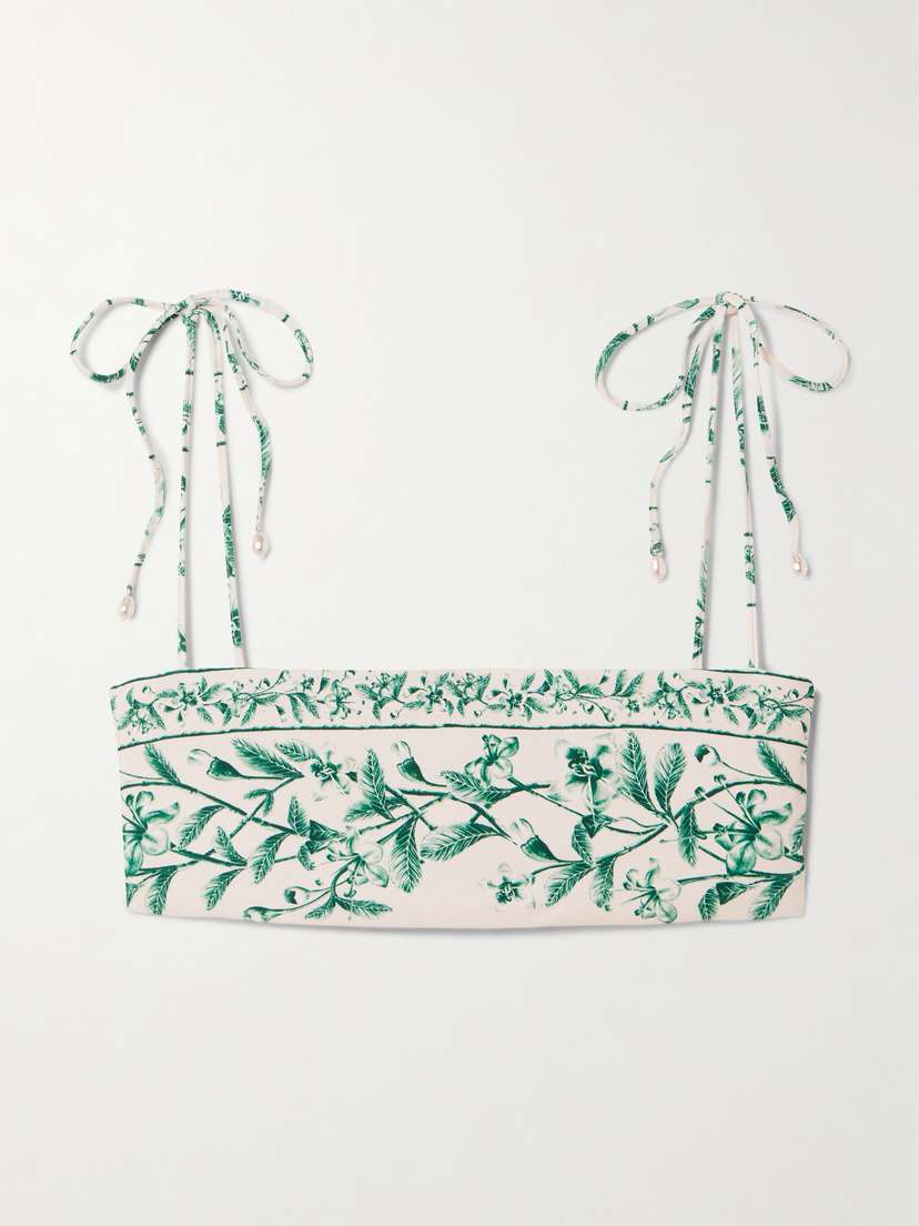 

Верх бикини Primavera ceiba из переработанного материала с цветочным принтом, декорированный искусственным жемчугом Agua By Agua Bendita, зеленый