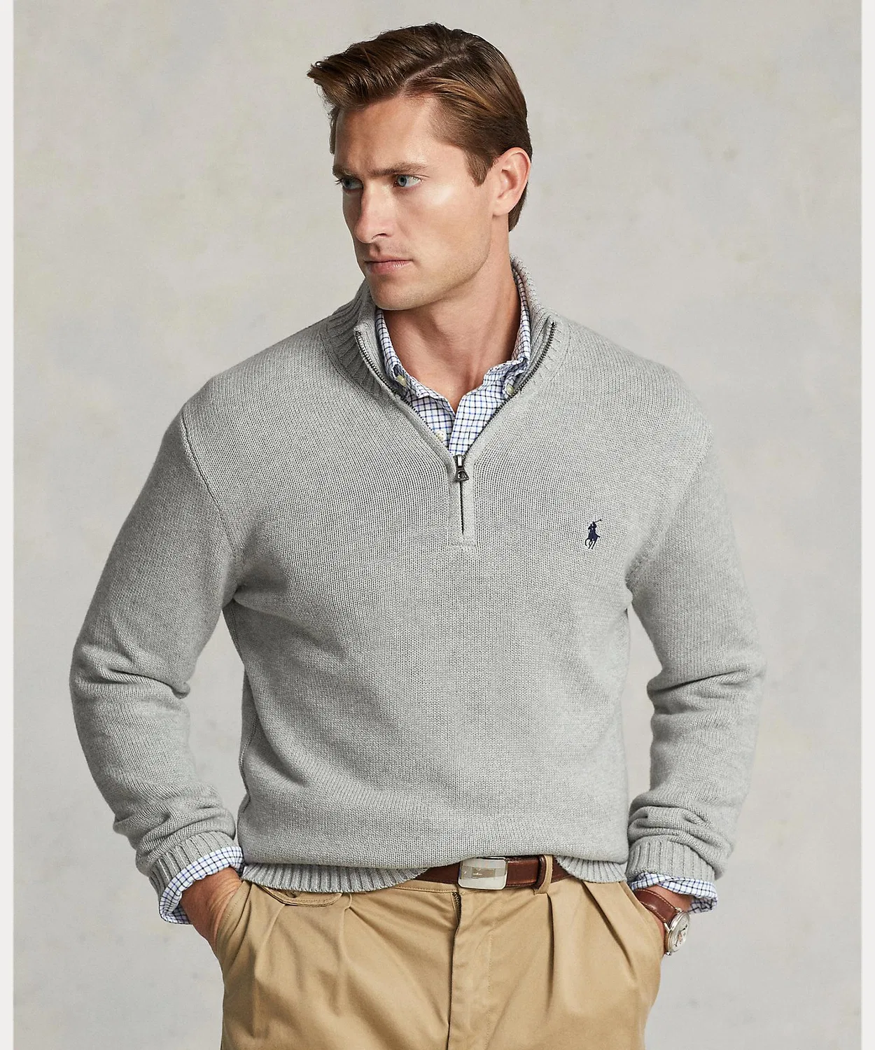 Свитер с четверть-застежкой и высоким воротом Polo Ralph Lauren, хлопок, серый