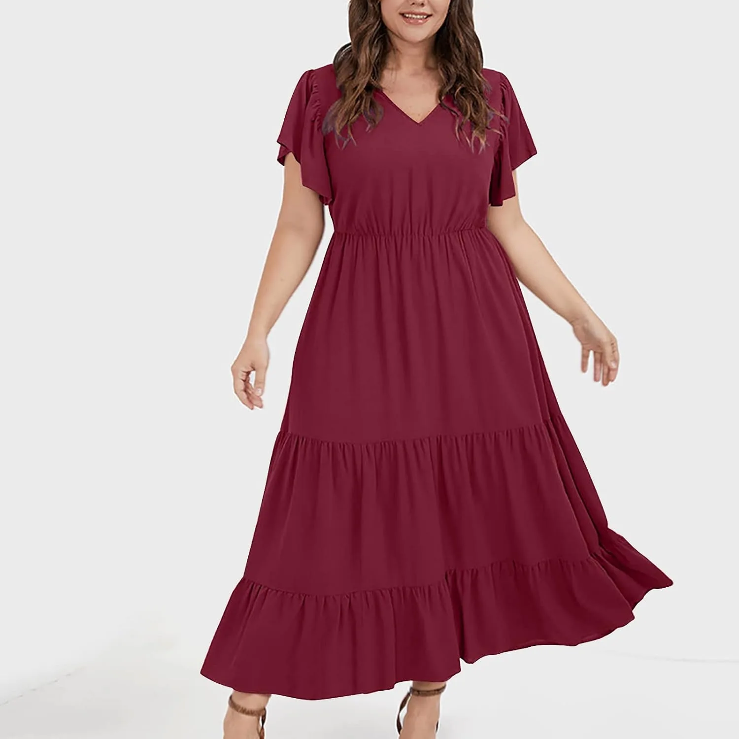Женское повседневное платье свободного кроя Plus Size с коротким рукавом и V-образным вырезом, с карманами, для лета и осени Generic, Wine — фото 3