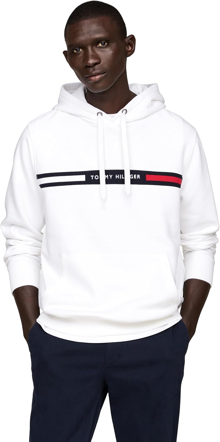 

Мужская флисовая толстовка Tommy Hilfiger средней плотности с капюшоном и фирменным полосатым логотипом, White