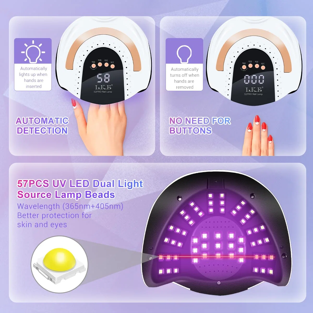 UV LED лампа для гель-лака 268 Вт с 57 светодиодами Lke, White — фото 3