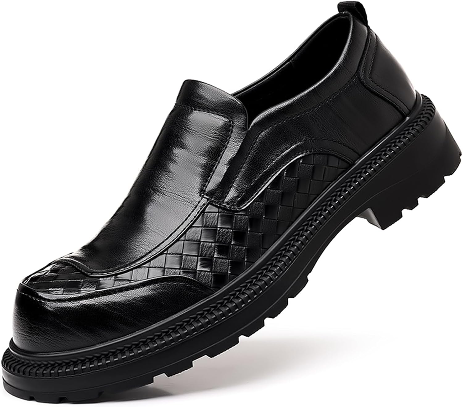 

Мужские кожаные лоферы с принтом на платформе, удобные, с круглым носком, противоскользящей подошвой, повседневные деловые туфли для работы, вечеринок, свадеб и официальных мероприятий Ptnoka, черный