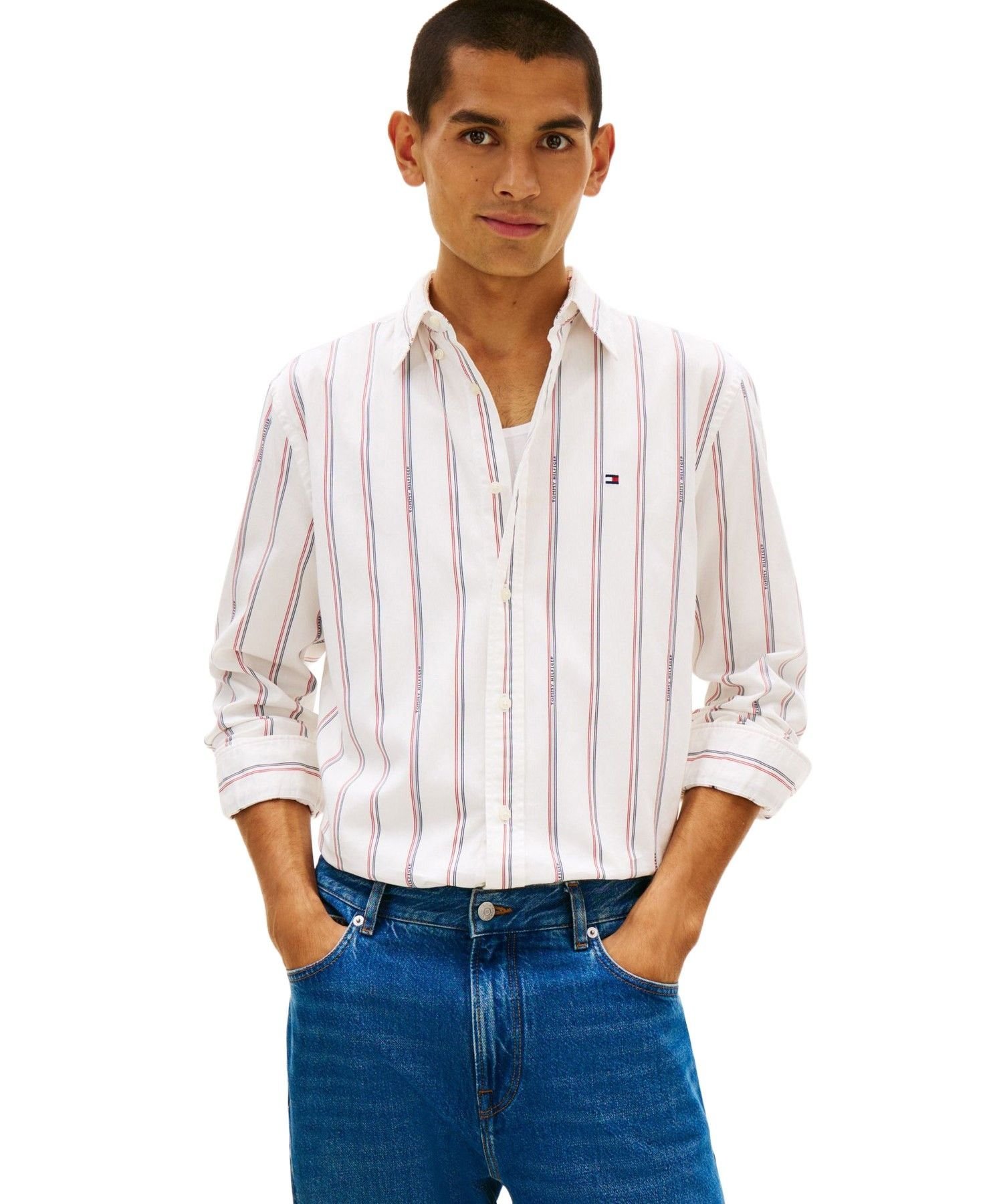 Рубашка из жаккардовой ткани поплин в полоску TOMMY HILFIGER, Beige 0K4