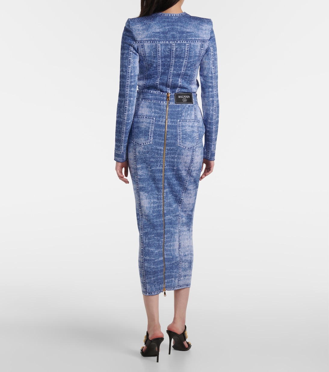 Трикотажная юбка миди Trompe l'œil Balmain, Bleu Jean — фото 3