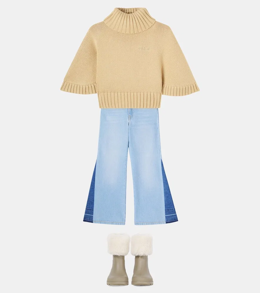 Хлопковый и шерстяной свитер с высоким воротником Chloé Kids, бежевый — фото 2