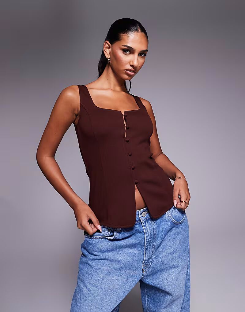 

Топ из трикотажного твила с круглым вырезом шоколадного цвета Asos Design