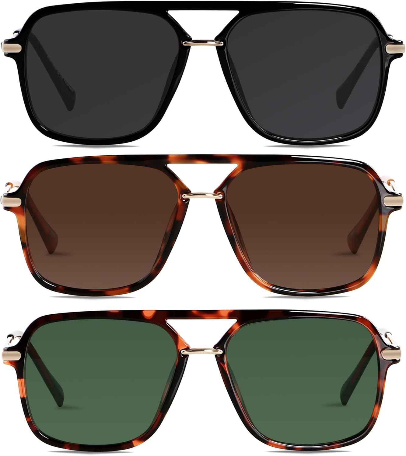 

Солнцезащитные очки ANDWOOD в стиле ретро, ​​квадратные, для женщин и мужчин, поляризованные, модные, в стиле авиатор 90-х, пилотные, (3pack) Black + Brown Tortoise + Dark Tortoise