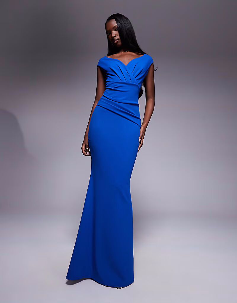 

Платье макси Goddiva Bardot в складку цвета royalblue